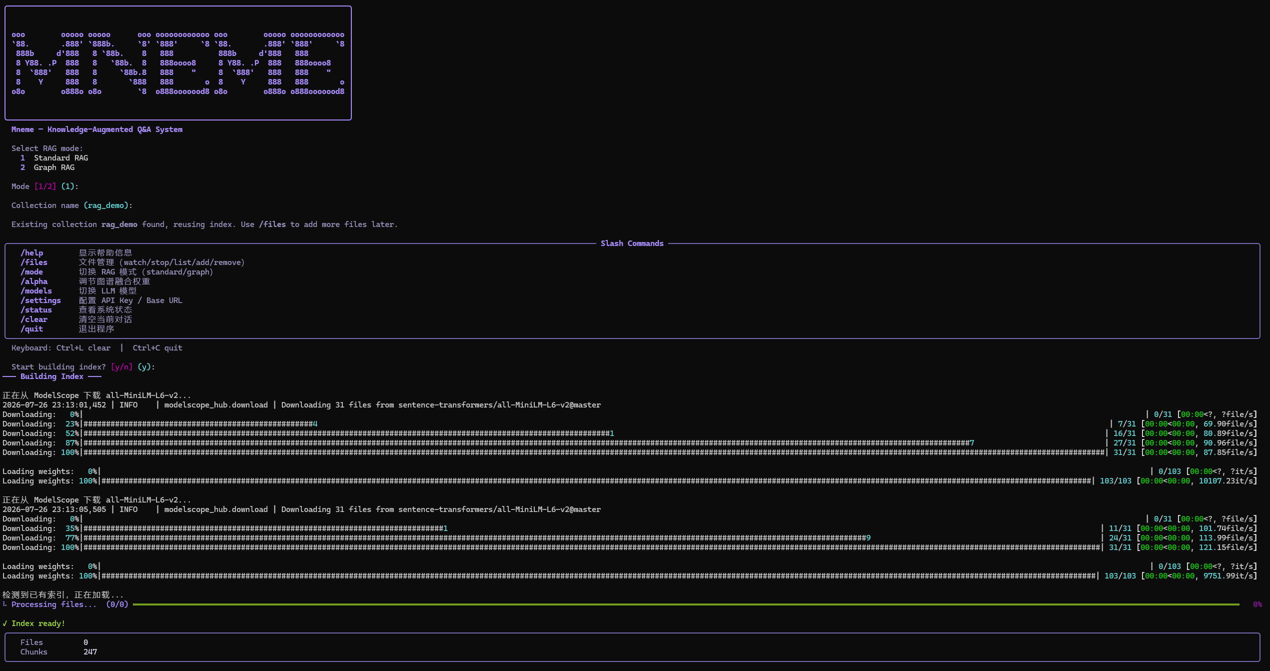 Mneme terminal interface showing a question, a source-linked answer, and evidence markers